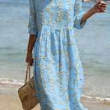 Natalie | Midi-Kleid mit Pflanzen- und Blumenmuster und Rundhalsausschnitt