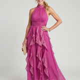 Orea | Maxikleid mit hohem Hals und gerafften Rüschenschichten