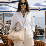Mayfair Tasche aus Leder und Rafia Chevron Limited Edition Beige