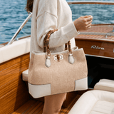 Borsa Bamboo Babe aus Leder und Rafia Creme