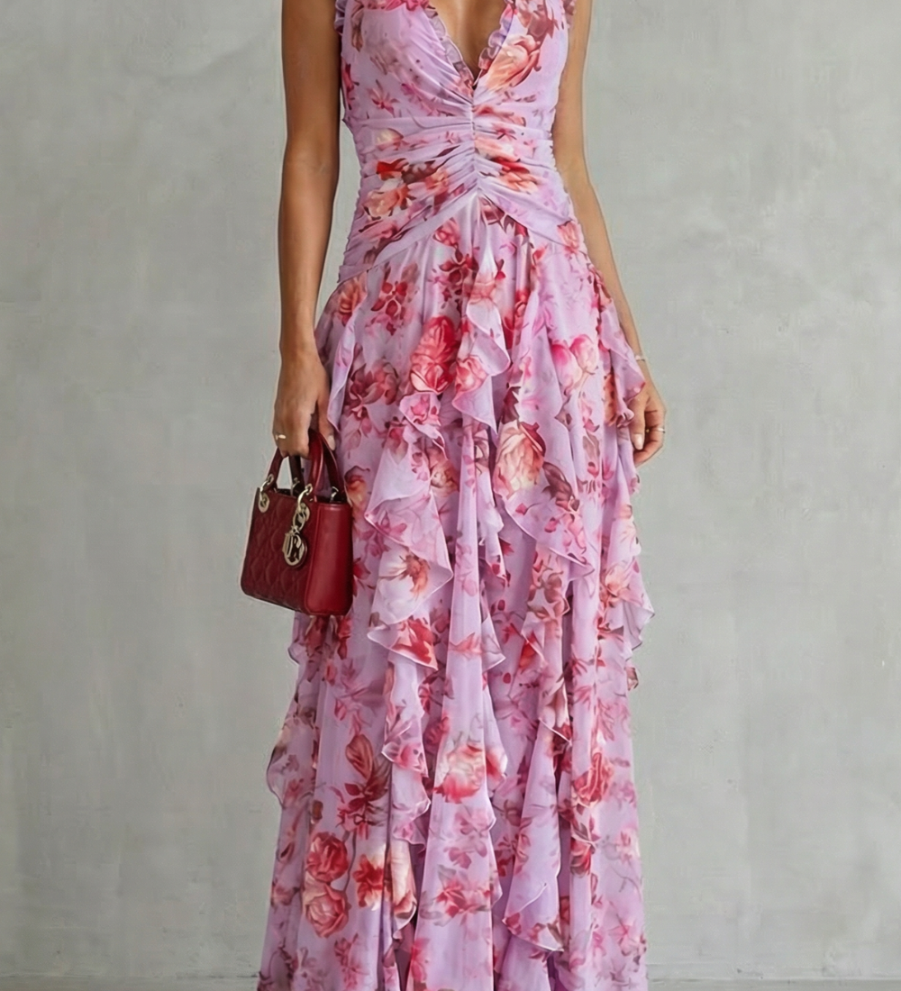 Belladina | Romantische Rosen-Cascata Maxikleid mit amerikanischem Ausschnitt