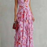 Belladina | Romantische Rosen-Cascata Maxikleid mit amerikanischem Ausschnitt