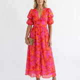 Willow | Florales V-Ausschnitt Midi-Kleid mit Puffärmeln