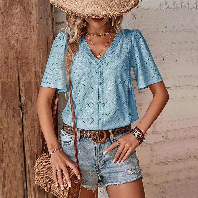 KURZÄRMELIGE BLUSE MIT V-AUSSCHNITT