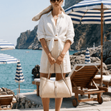 Mayfair Tasche aus Leder und Rafia Chevron Limited Edition Beige