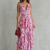 Belladina | Romantische Rosen-Cascata Maxikleid mit amerikanischem Ausschnitt