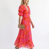 Willow | Florales V-Ausschnitt Midi-Kleid mit Puffärmeln
