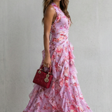 Belladina | Romantische Rosen-Cascata Maxikleid mit amerikanischem Ausschnitt