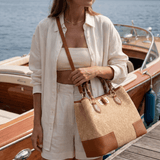 Bamboo Babe Tasche aus Leder und Rafia in Lederfarbe