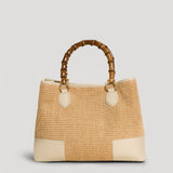 Borsa Bamboo Babe aus Leder und Rafia Creme