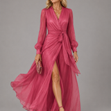 Beatrice | Elegantes Chiffon V-Ausschnitt Kleid mit Bindegürtel