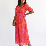 Willow | Florales V-Ausschnitt Midi-Kleid mit Puffärmeln