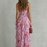 Belladina | Romantische Rosen-Cascata Maxikleid mit amerikanischem Ausschnitt