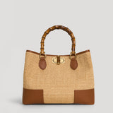 Bamboo Babe Tasche aus Leder und Rafia in Lederfarbe