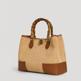 Bamboo Babe Tasche aus Leder und Rafia in Lederfarbe