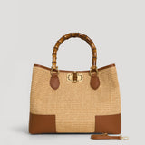 Bamboo Babe Tasche aus Leder und Rafia in Lederfarbe