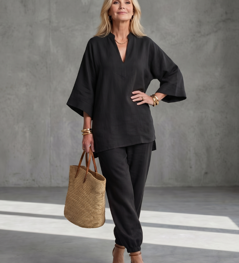 Georgiana | V-Ausschnitt Tunika mit Gathered Hose Set