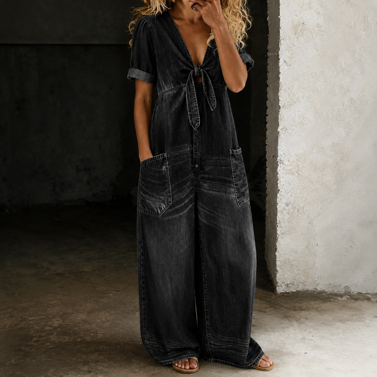Soleil Denim Jumpsuit mit weitem Bein
