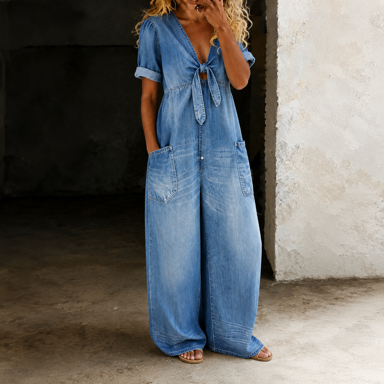 Soleil Denim Jumpsuit mit weitem Bein