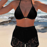Elegantes Einfarbiges Spitzen-Bikini-Set