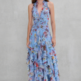 Belladina | Romantische Rosen-Cascata Maxikleid mit amerikanischem Ausschnitt