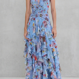 Belladina | Romantische Rosen-Cascata Maxikleid mit amerikanischem Ausschnitt