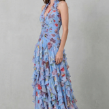 Belladina | Romantische Rosen-Cascata Maxikleid mit amerikanischem Ausschnitt
