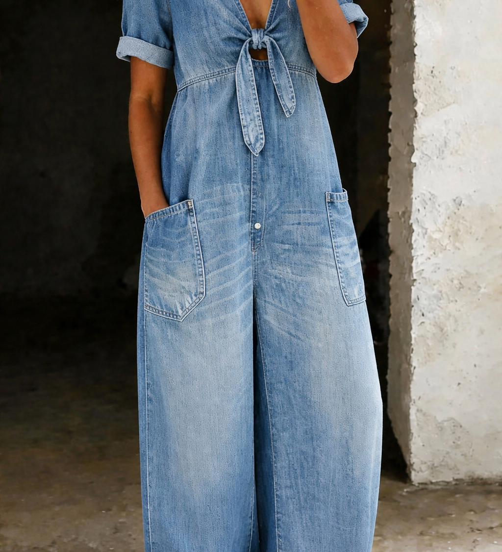 MILA | V-Ausschnitt Denim-Jumpsuit