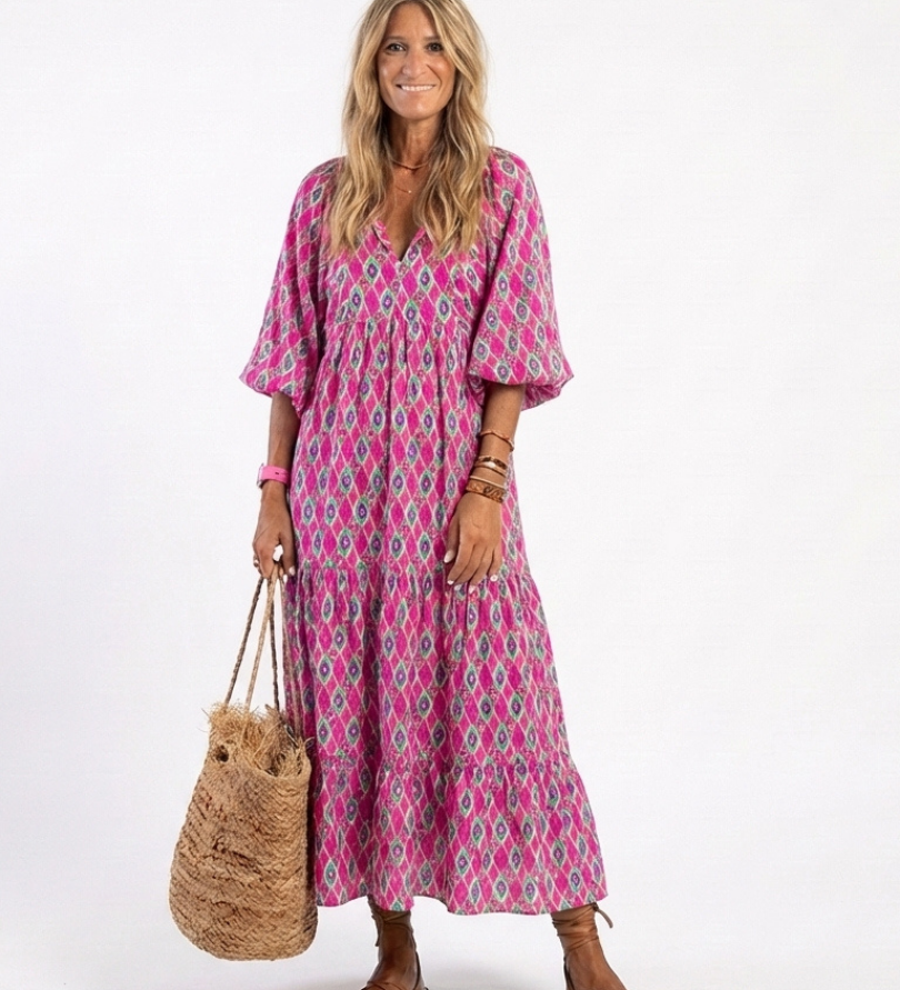 Apolline | Midi-Kleid mit dreiviertel Ärmeln und V-Ausschnitt im Muster