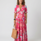 Ione | Kurzärmliges V-Ausschnitt Blumen-Midi-Kleid