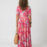 Ione | Kurzärmliges V-Ausschnitt Blumen-Midi-Kleid