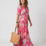 Ione | Kurzärmliges V-Ausschnitt Blumen-Midi-Kleid