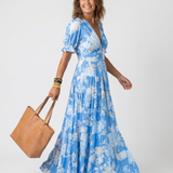 Ione | Kurzärmliges V-Ausschnitt Blumen-Midi-Kleid