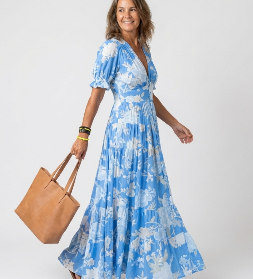Ione | Kurzärmliges V-Ausschnitt Blumen-Midi-Kleid