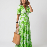 Ione | Kurzärmliges V-Ausschnitt Blumen-Midi-Kleid