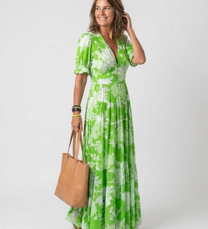 Ione | Kurzärmliges V-Ausschnitt Blumen-Midi-Kleid