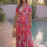 Ione | Kurzärmliges V-Ausschnitt Blumen-Midi-Kleid