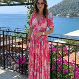 Ione | Kurzärmliges V-Ausschnitt Blumen-Midi-Kleid