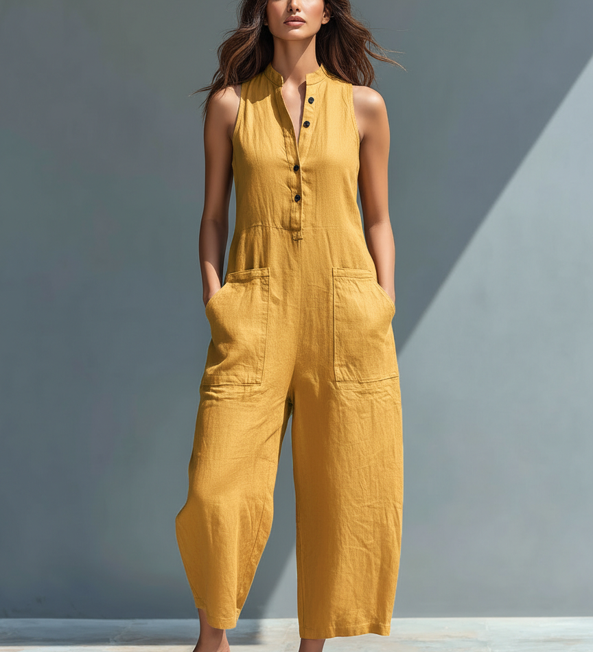 Silvia Minimalistischer Ärmelloser Leinen-Mischung Jumpsuit