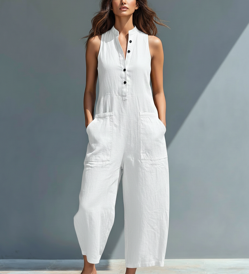 Silvia Minimalistischer Ärmelloser Leinen-Mischung Jumpsuit