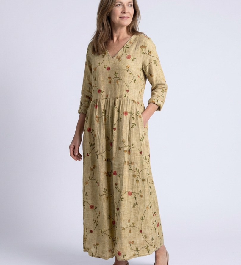 Marina | Florales V-Ausschnitt Maxikleid mit Dreiviertelärmeln