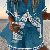 Virina™ | Leinen-Shorts-Set mit Fuji-Motiv