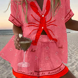 Pallina™ | Rosa Leinen-Shorts-Set mit Hummer-Print