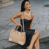 Borsa Bamboo Babe aus Leder und Rafia Creme