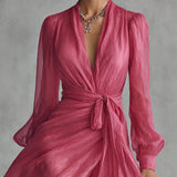 Beatrice | Elegantes Chiffon V-Ausschnitt Kleid mit Bindegürtel