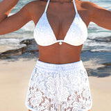 Elegantes Einfarbiges Spitzen-Bikini-Set