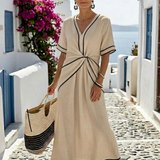 Linnea | V-Ausschnitt Kurzarm Maxikleid Mit Geraffter Taille
