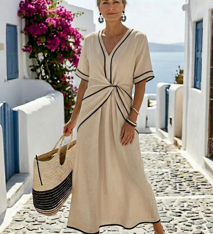 Linnea | V-Ausschnitt Kurzarm Maxikleid Mit Geraffter Taille