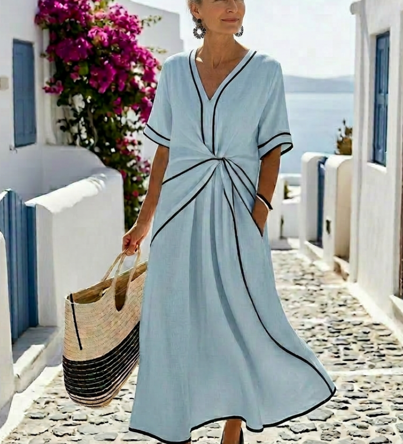 Linnea | V-Ausschnitt Kurzarm Maxikleid Mit Geraffter Taille
