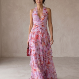 Belladina | Romantische Rosen-Cascata Maxikleid mit amerikanischem Ausschnitt